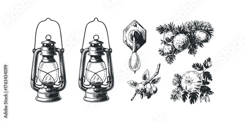 Vintage kerosene lamp and botanical sketches