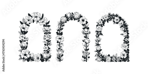 Three floral arch frames with various blossoms and leaves