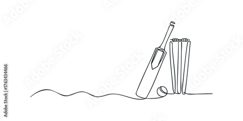 Continuous line drawing of cricket bat, ball, and wickets