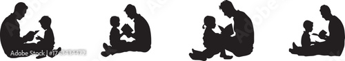 Silhouette of a father reading a storybook to his child, representing family love, parenting, education, and emotional bonding — heartwarming father and son illustration showing care, learning, and co