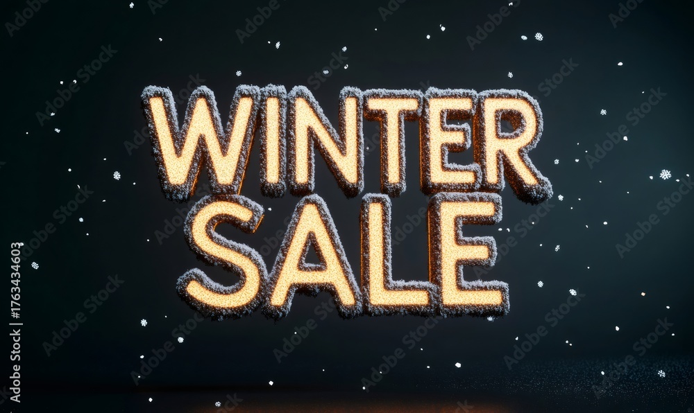 Fototapeta premium Winter sale glittering letters and snowflake accents for seasonal promotion, festive discount banner and holiday shopping event template
