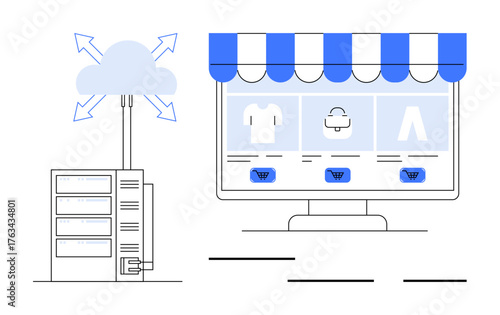 Cloud server connecting to an online storefront on a monitor featuring clothing and shopping carts. Ideal for e-commerce, technology, cloud computing, retail, online shopping, data storage, digital