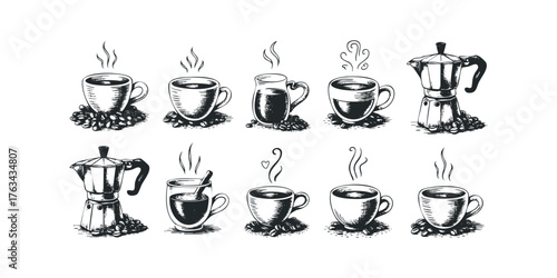 Collection of Hand-Drawn Coffee Cups and Makers with Steam