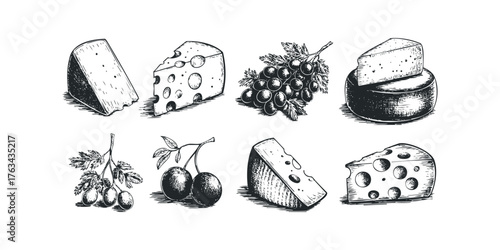 Vintage style collection of cheese wedges and fruit