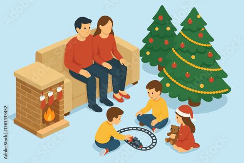 Family decorating Christmas tree at home. Isometric holiday illustration with gifts and fireplace