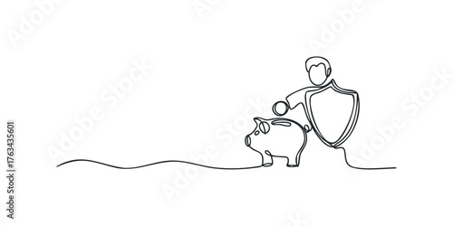 Person with Shield Protects Piggy Bank and Coin