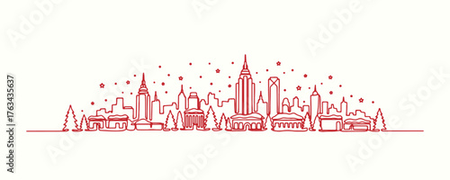 Continuous Christmas Line Art Drawing City Skyline Holiday Winter Season Theme Outline Design