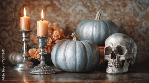 Silver pumpkins and skull with candles create spooky Halloween