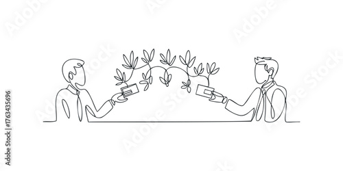 Two people exchanging potted plants across a table