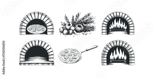 Collection of Vintage Style Pizza Ovens and Ingredients
