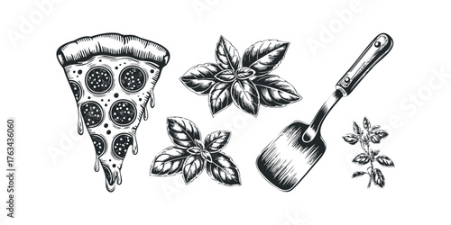 Slice of pepperoni pizza with basil and kitchen utensil