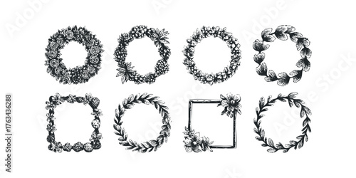 Collection of hand-drawn floral wreaths and frames
