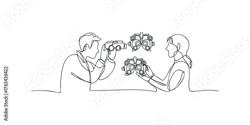 Eye exam with phoropter by optometrist and patient