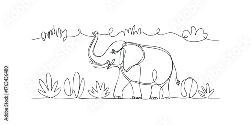 Single line drawing of elephant with plants