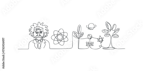 Scientist with atomic symbol and celestial bodies