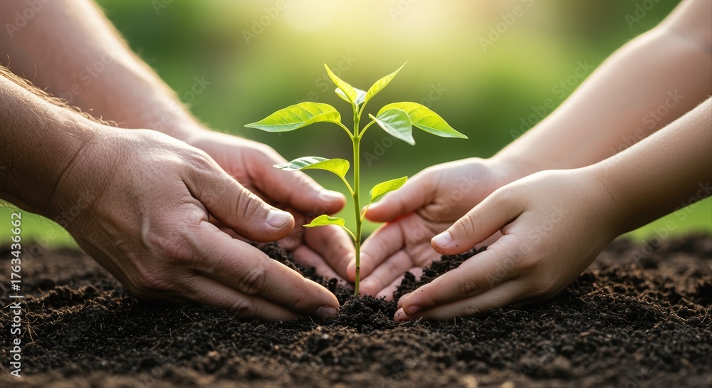 Fototapeta premium parent and child nurturing young plant together in a lush green garden, sustainable growth