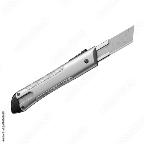 Silver box cutter isolated on transparent background, a sharp tool for cutting materials