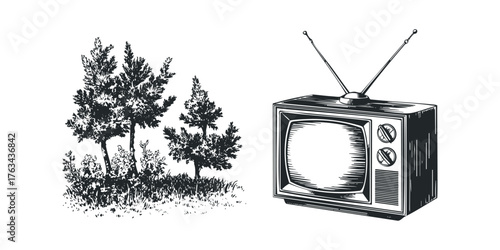 Vintage television set next to a small group of trees