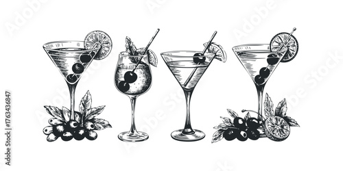 Three cocktails with cherries and citrus slices