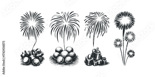 Collection of fireworks and pyrotechnics exploding