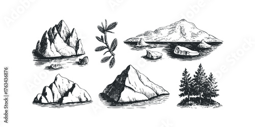 Sketchy Mountain Landscape Elements and Foliage