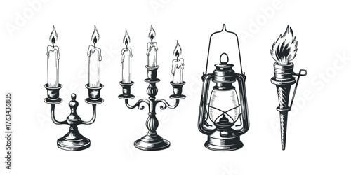 Vintage candelabra, lantern, and torch with lit flames