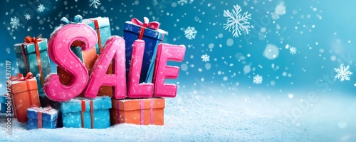 Pink letters spelling sale standing on colorful gift boxes, creating a winter holiday shopping promotion background