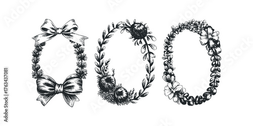 Set of hand drawn floral and botanical borders with bow
