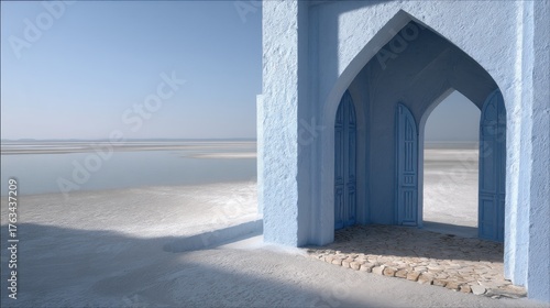Serene architecture of a building with open blue doors overlooks a tranquil lake under a bright sky calm vista minimalist