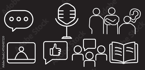 Communication Icons Set. Outline vector icons of communication skills: speech bubble, microphone, body .active listening icon