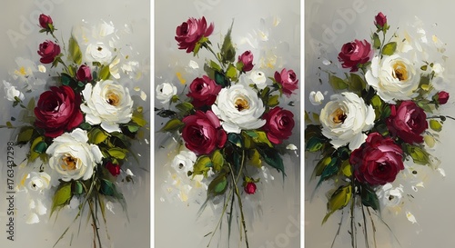 Elegant Triptych Oil Painting of Burgundy and White Roses with Delicate Greenery Romantic Floral Art for Home Decor and Special Occasions