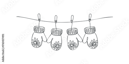 Four single line drawing mittens hanging on a clothesline