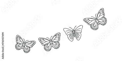 Four delicate line art butterflies in flight across white