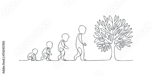 Figurative progression from infant to adult towards a tree