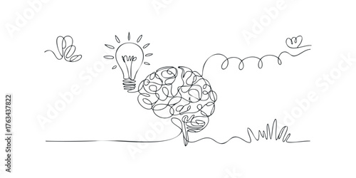 Brain with light bulb and abstract lines