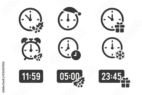 Holiday clock silhouette icon set. featuring alarm, timer, gift, holly, snowflake, and santa hat