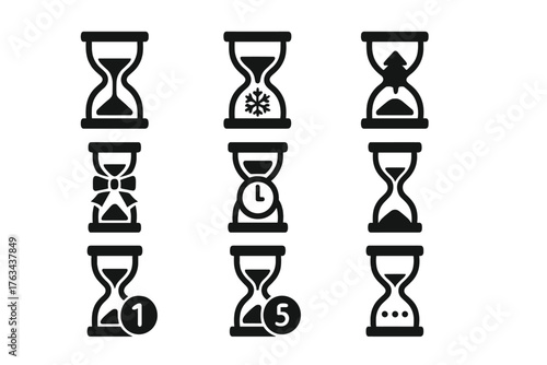 Time management silhouette icons set. featuring hourglass, loading, timer, countdown, progress, wait, notification