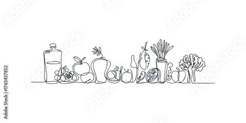 Continuous line drawing of various fruits and vegetables