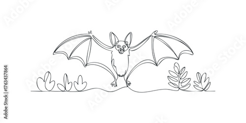 Minimalist continuous line drawing of a bat with spread wings