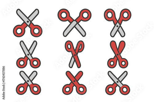 Scissors flat icon set. featuring various styles, colors, and orientations of scissors