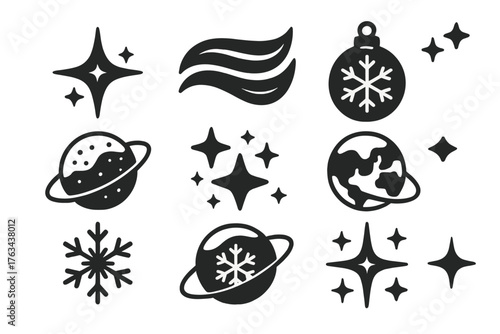 Space and winter silhouette icon set. featuring stars, planets, snowflakes, and holiday ornament symbols