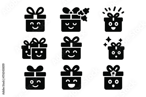 Holiday gifts silhouette icon set. featuring smiling, winking, sparkling, surprised, and floral gift symbols