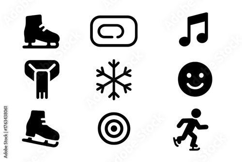 Winter activities silhouette icon set. featuring skating, ice rink, music, medal, snowflake, smiley, target, skating rink