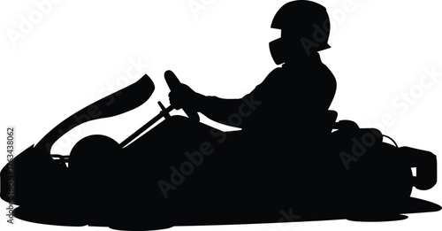 Silhouette illustration of a go-kart driver racing on track wearing helmet and suit on white background, motorsport vector design