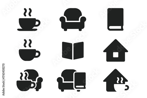 Cozy at home silhouette icon set. featuring coffee, armchair, book, and house symbols