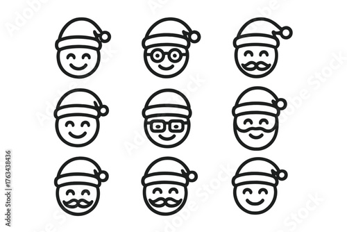 Christmas emojis silhouette icon set. featuring santa smiley, glasses, mustache, and winking face symbols
