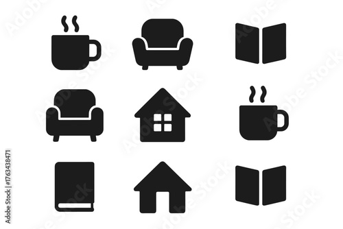 Home comforts silhouette icon set. featuring mug, armchair, book, and house symbols