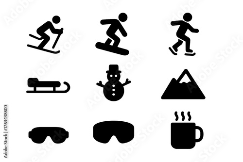 Winter sports silhouette icon set. featuring skiing, snowboarding, ice skating, sledding, snowman, mountain, goggles, hot drink.