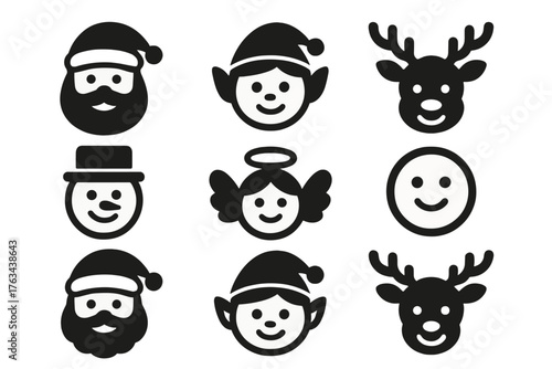 Holiday characters silhouette icon set. featuring santa, elf, reindeer, snowman, angel, and smiley faces