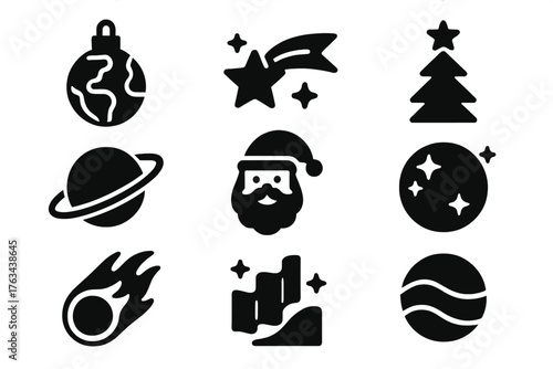 Space and holiday silhouette icon set. featuring earth, shooting star, tree, saturn, santa, moon, meteor, aurora, planet